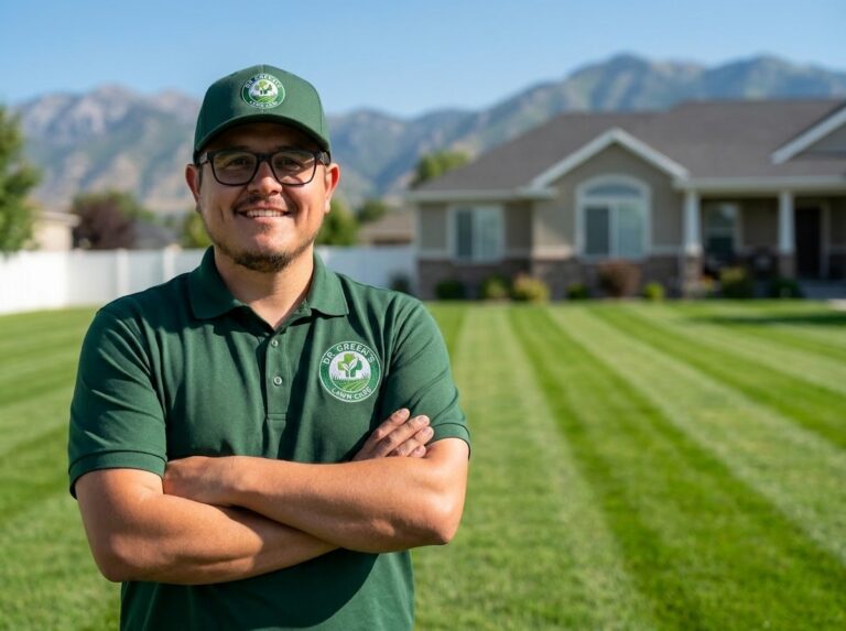 Waist-up shot of Miguel Contreras, the confident owner of Dr. Green's Lawn Care, standing over a perfectly striped lawn in Logan, Utah.