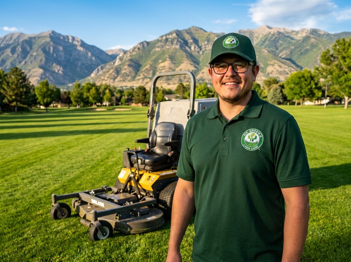 Miguel Contreras, owner of Dr. Green's Lawn Care, standing in front of a commercial mower on a manicured lawn in Logan, Utah.