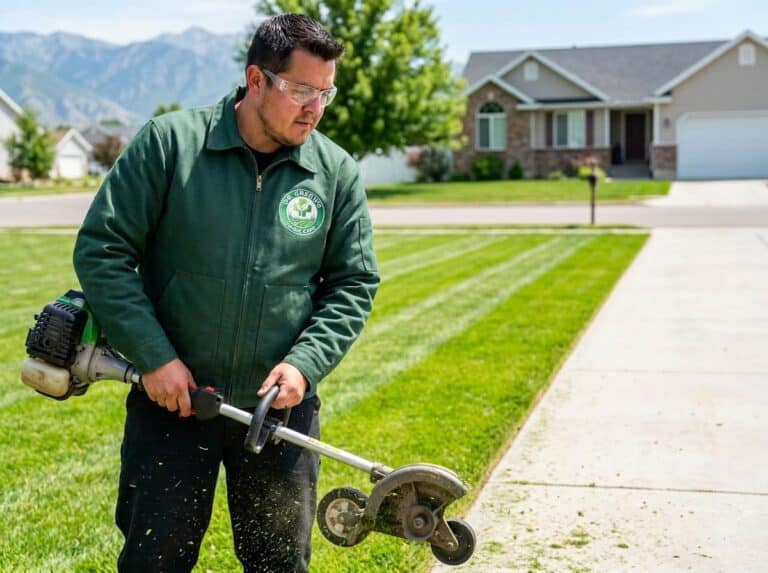 Professional lawn care technician from Dr. Green's Lawn Care edging a driveway in Cache Valley with professional alternating mow lines in the grass.